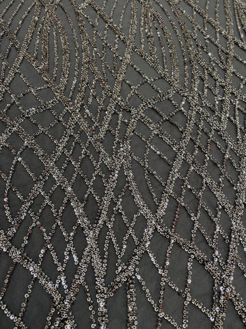 Dantela Couture Gri Antracit cu Model Liniar, cu Margele si Paiete