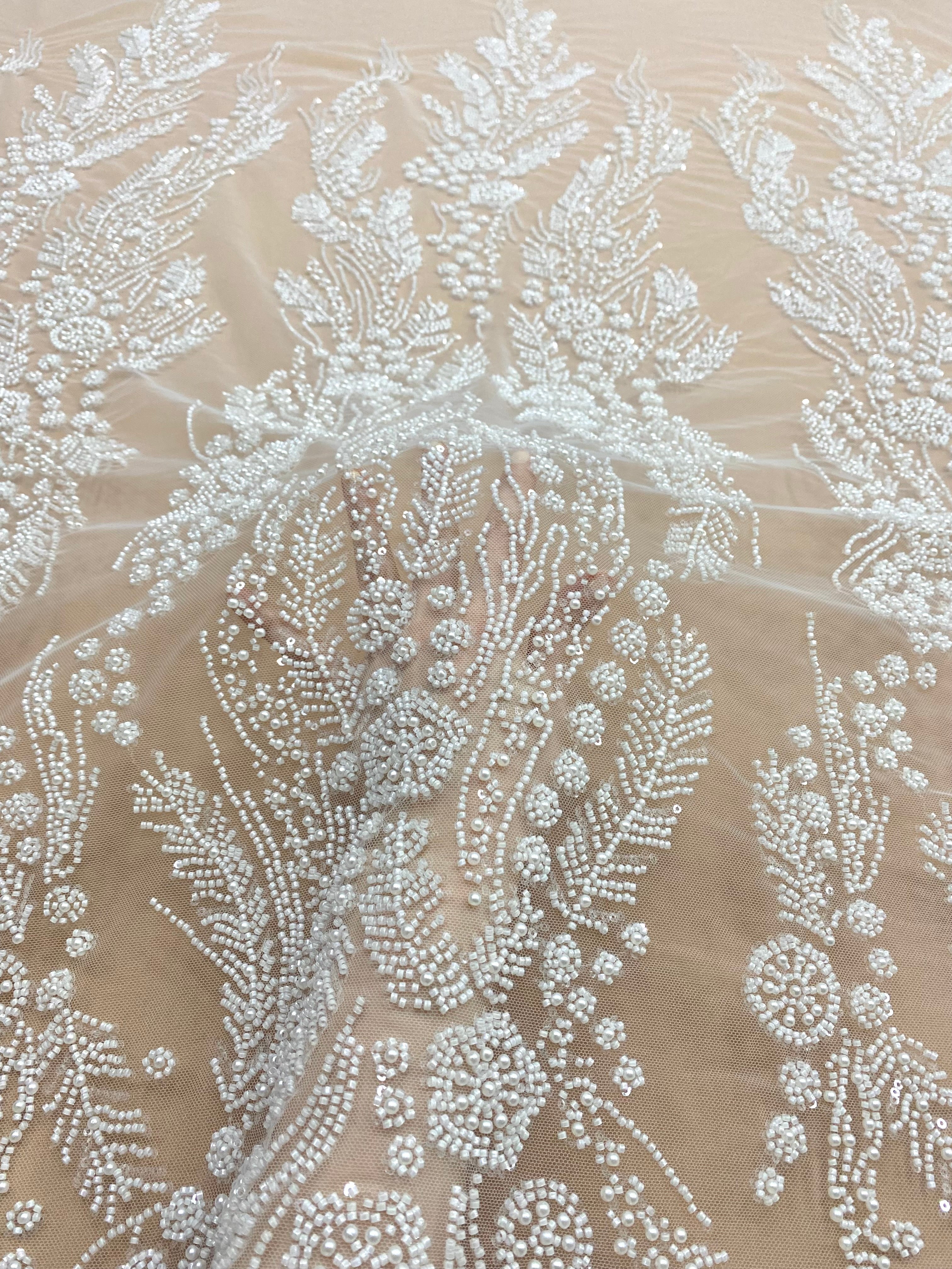 Dantela Couture Ivory cu Model Floral, Perle, Margele si Paiete