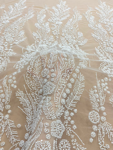 Dantela Couture Ivory cu Model Floral, Perle, Margele si Paiete