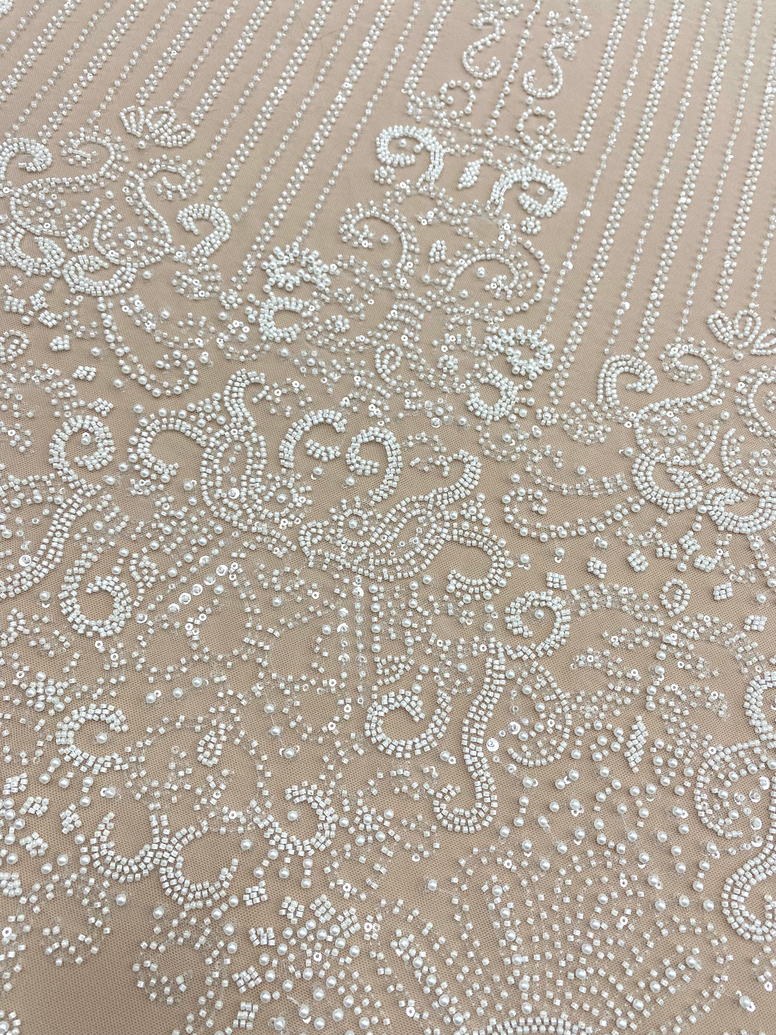 Dantela Couture Ivory cu Model Geometric, cu Perle, Margele si Paiete