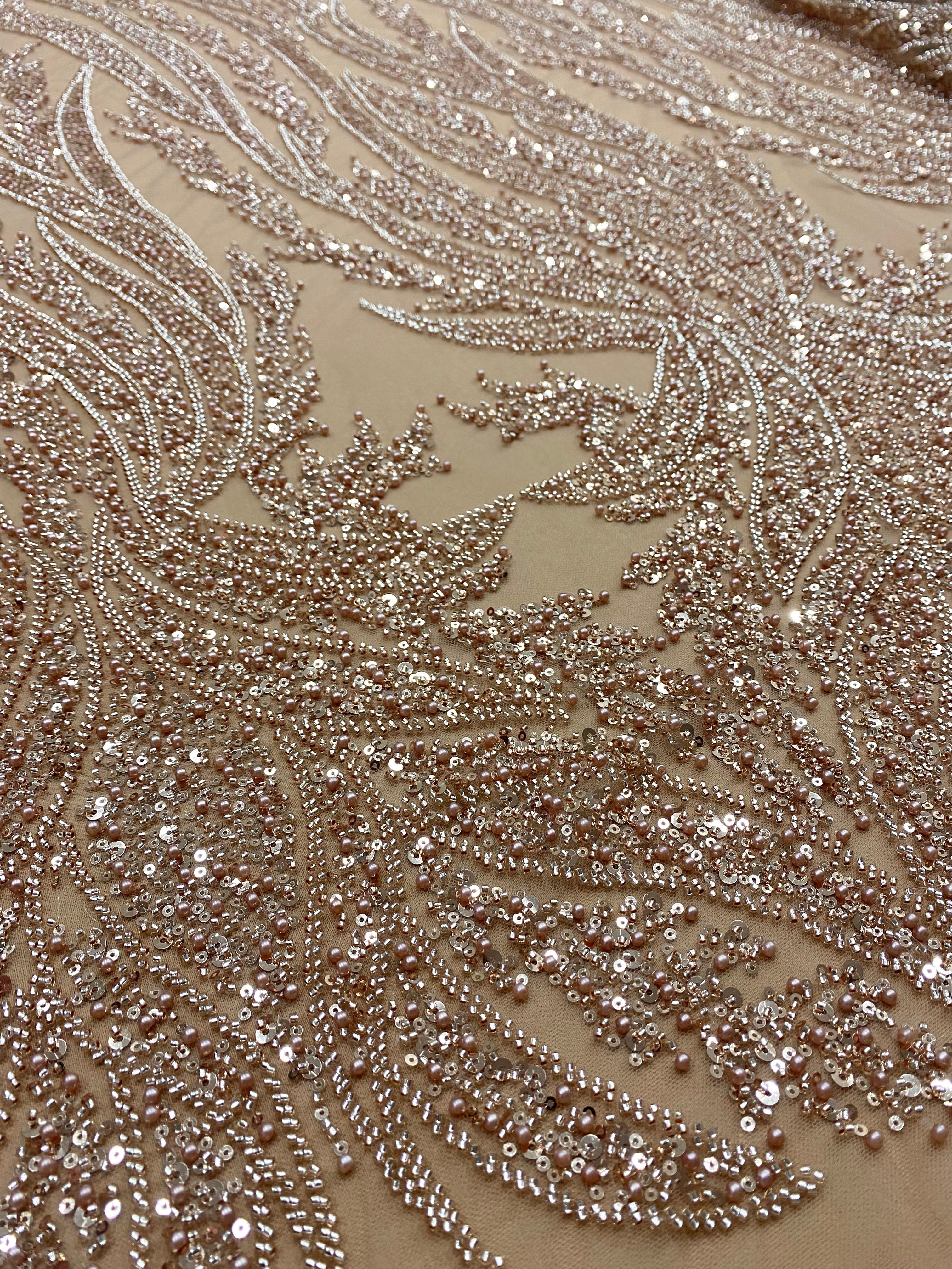 Dantela Couture Auriu Rose cu Panou, cu Perle, Margele si Paiete