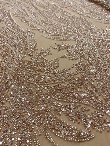 Dantela Couture Auriu Rose cu Panou, cu Perle, Margele si Paiete