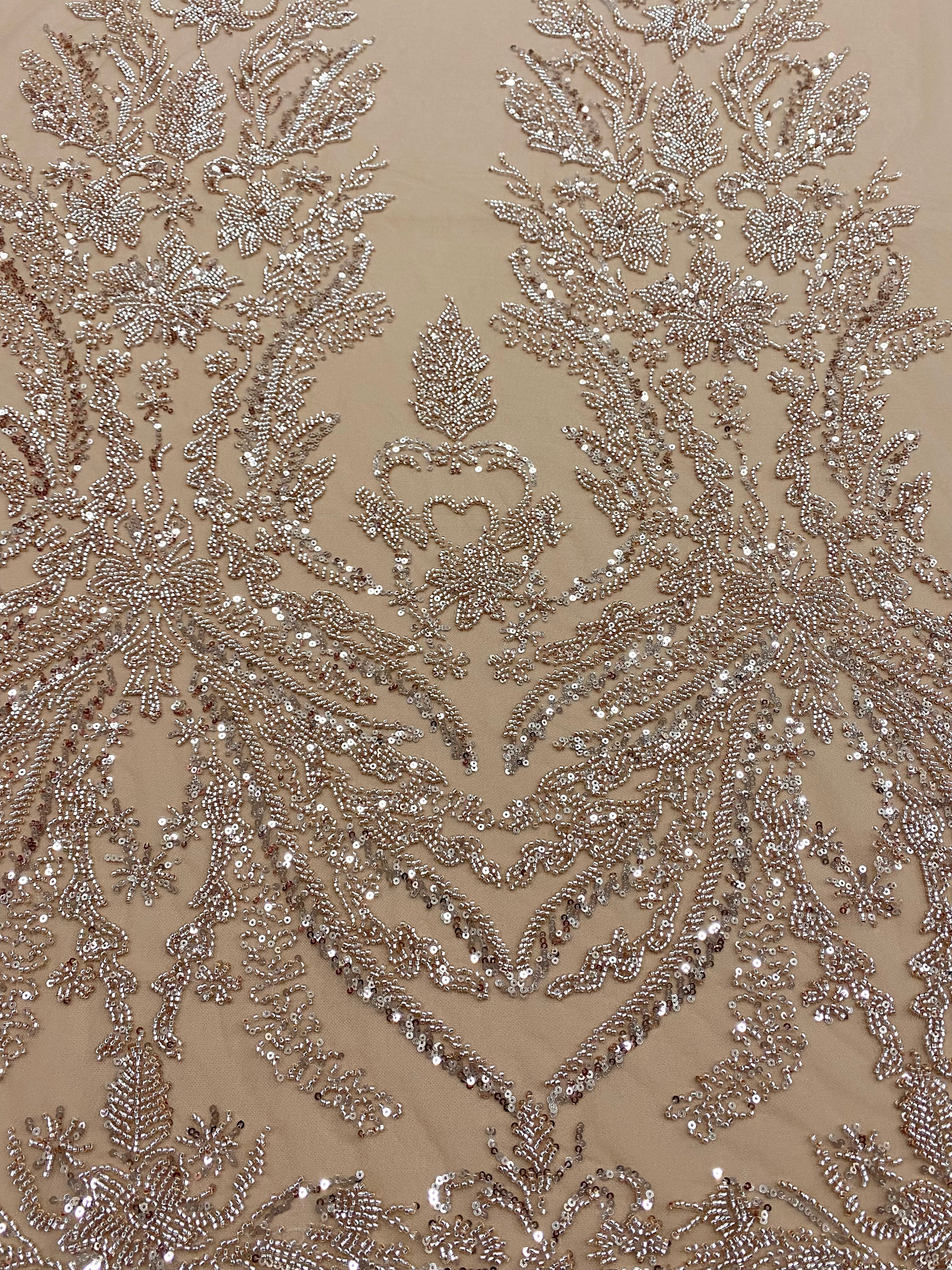 Dantela Couture Auriu Rose cu Model Floral, cu Margele si Paiete