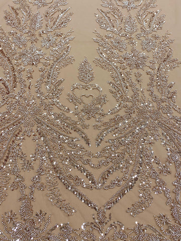 Dantela Couture Auriu Rose cu Model Floral, cu Margele si Paiete
