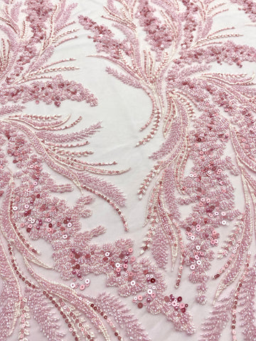 Dantela Couture Roz cu Model Floral cu Perle, Margele si Paiete