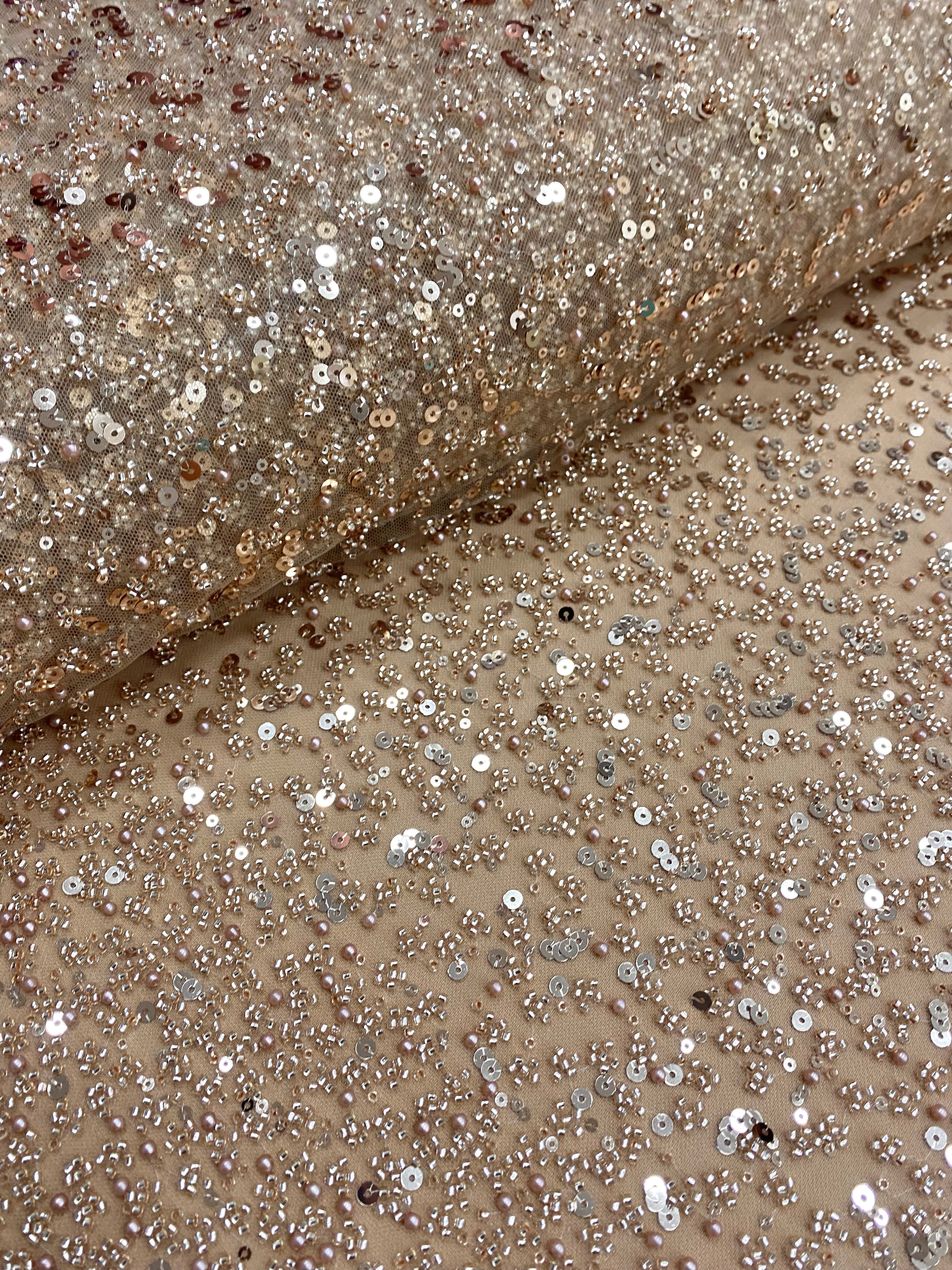 Dantela Couture Auriu Rose in Degrade, cu Perle, Margele si Paiete