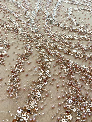 Dantela Couture Auriu Rose cu Perle, Margele si Paiete
