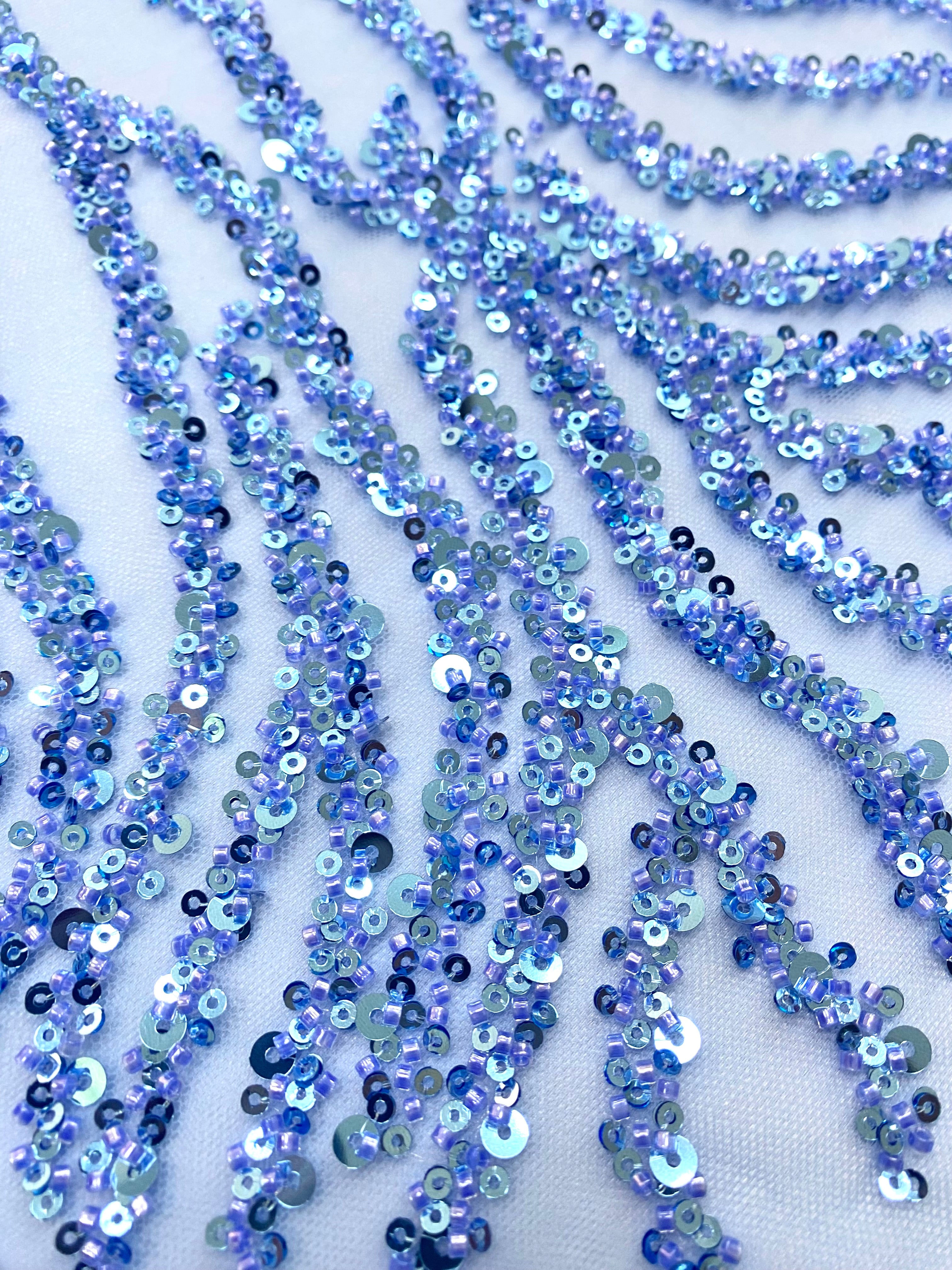 Dantela Couture Sky Blue cu Siraguri, cu Margele si Paiete
