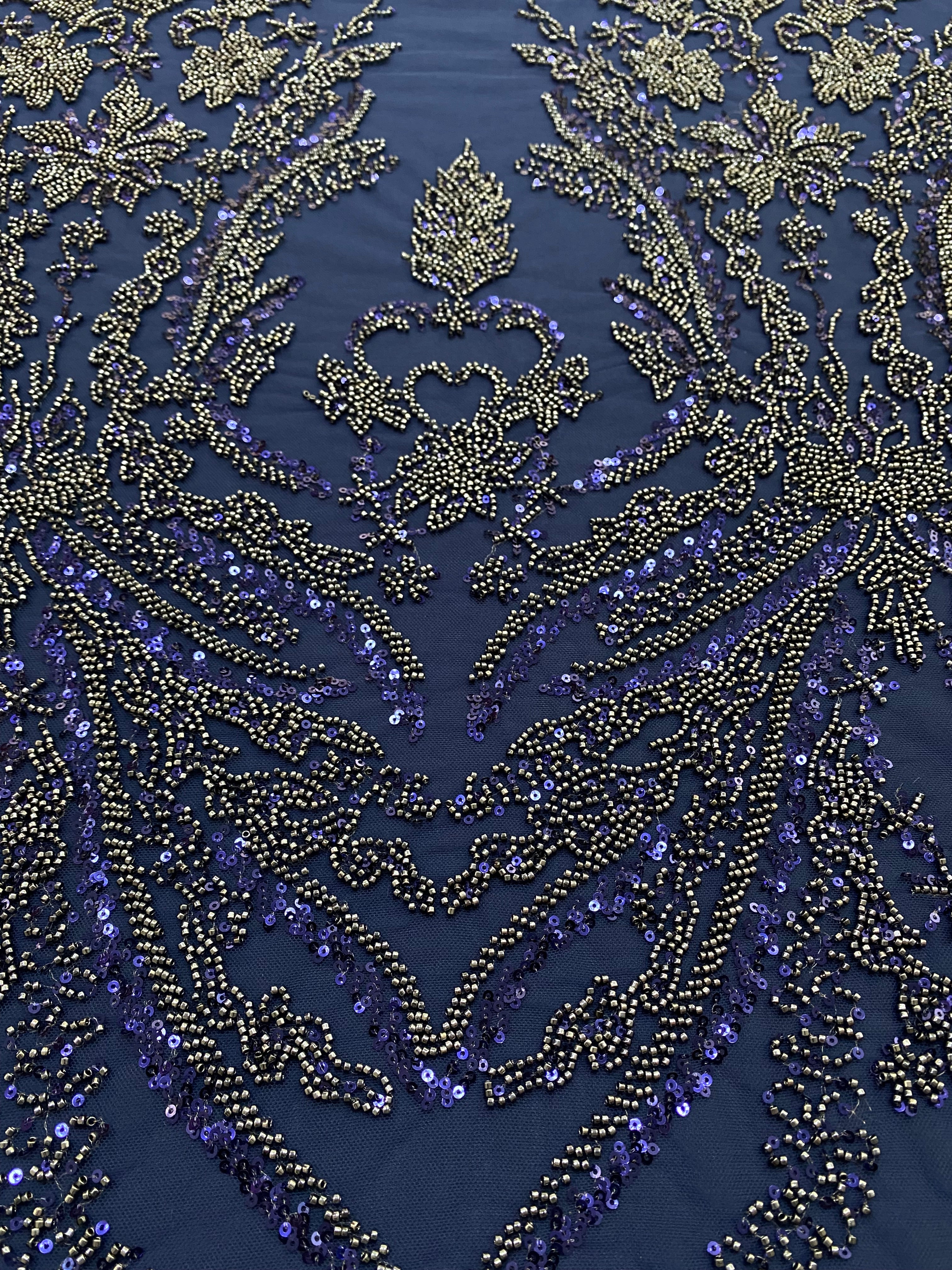 Dantela Couture Bleumarin cu Model Floral, cu Margele si Paiete