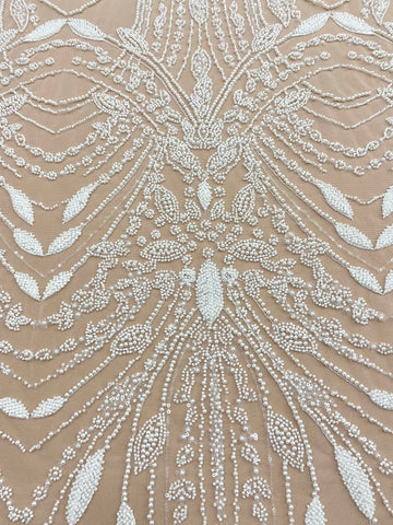 Dantela Couture Ivory cu Model Geometric, cu Perle, Margele si Paiete