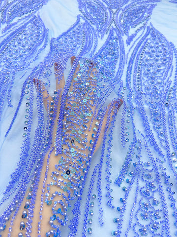 Dantela Couture Sky Blue cu Panou, cu Perle, Margele si Paiete