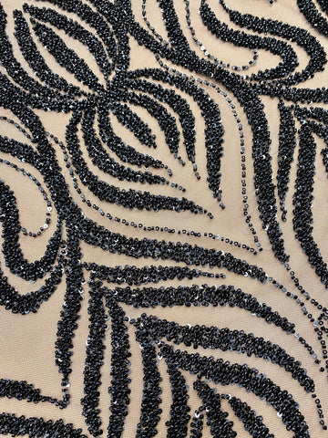 Dantela Couture Neagra cu Model Geometric, cu Margele si Paiete