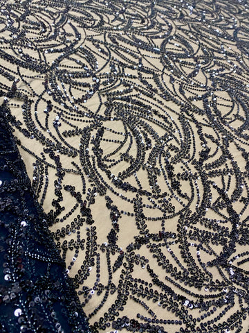 Dantela Couture Neagra cu Model Geometric, Margele si Paiete