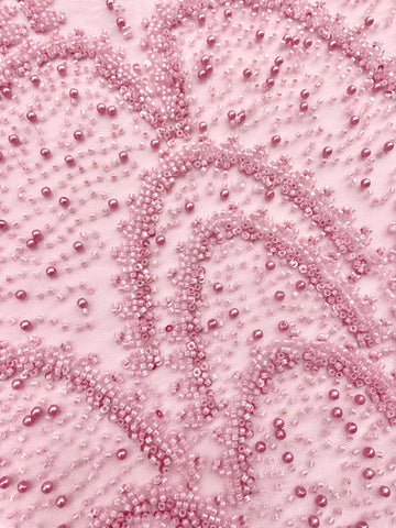 Dantela Couture Roz cu Model Geometric, cu Perle, Margele si Paiete