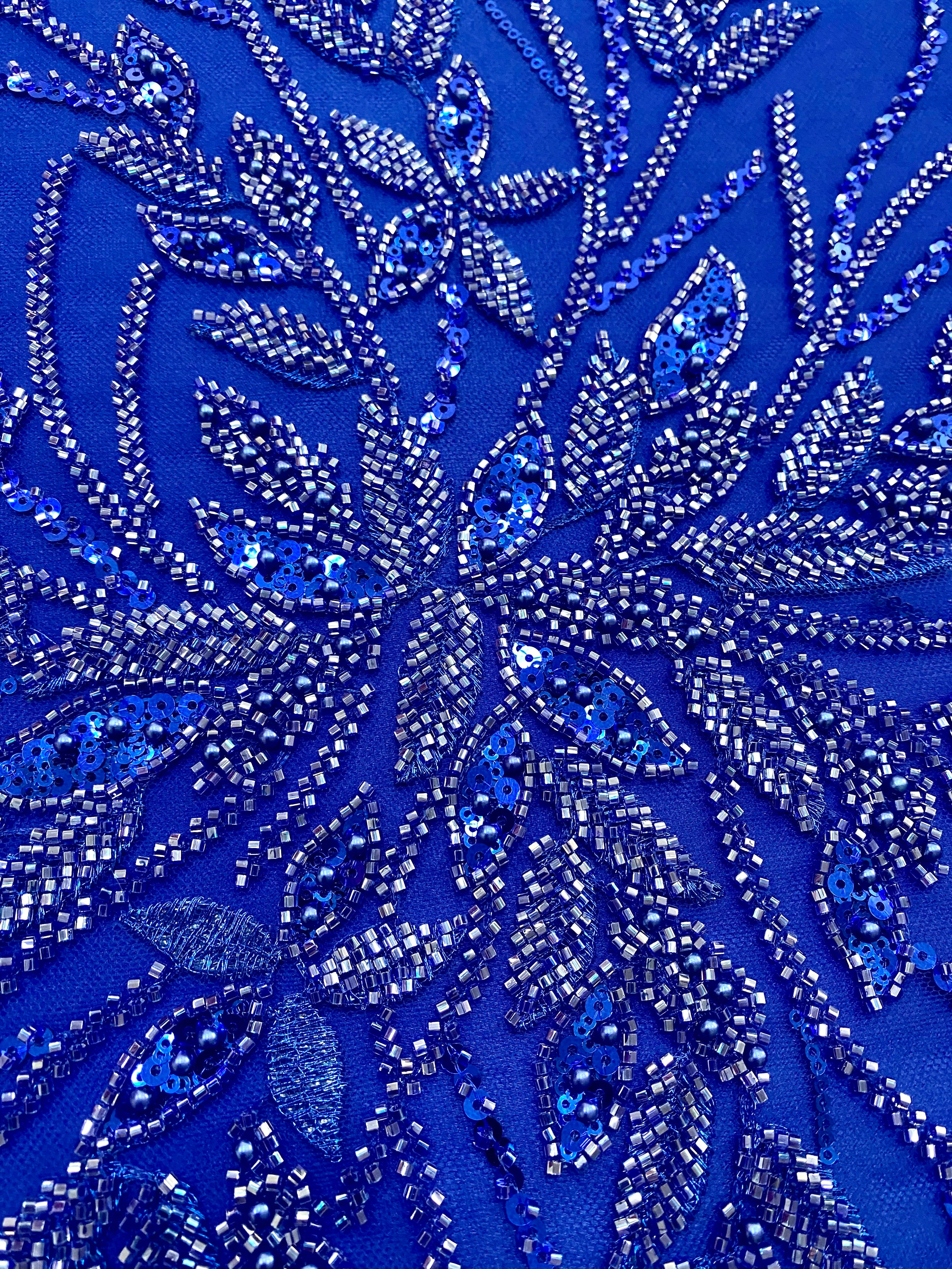 Dantela Couture Albastru Royal cu Model Floral, Perle, Margele si Paiete