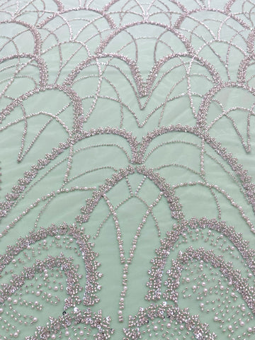 Dantela Couture Argintie pe Tulle Verde Menta cu Model Geometric, cu Perle, Margele si Paiete