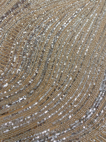 Dantela Couture Argintie pe Tulle Nude cu Model Geometric, cu Margele si Paiete