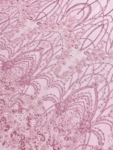 Dantela Couture Roz cu Model Geometric, cu Perle, Margele si Paiete