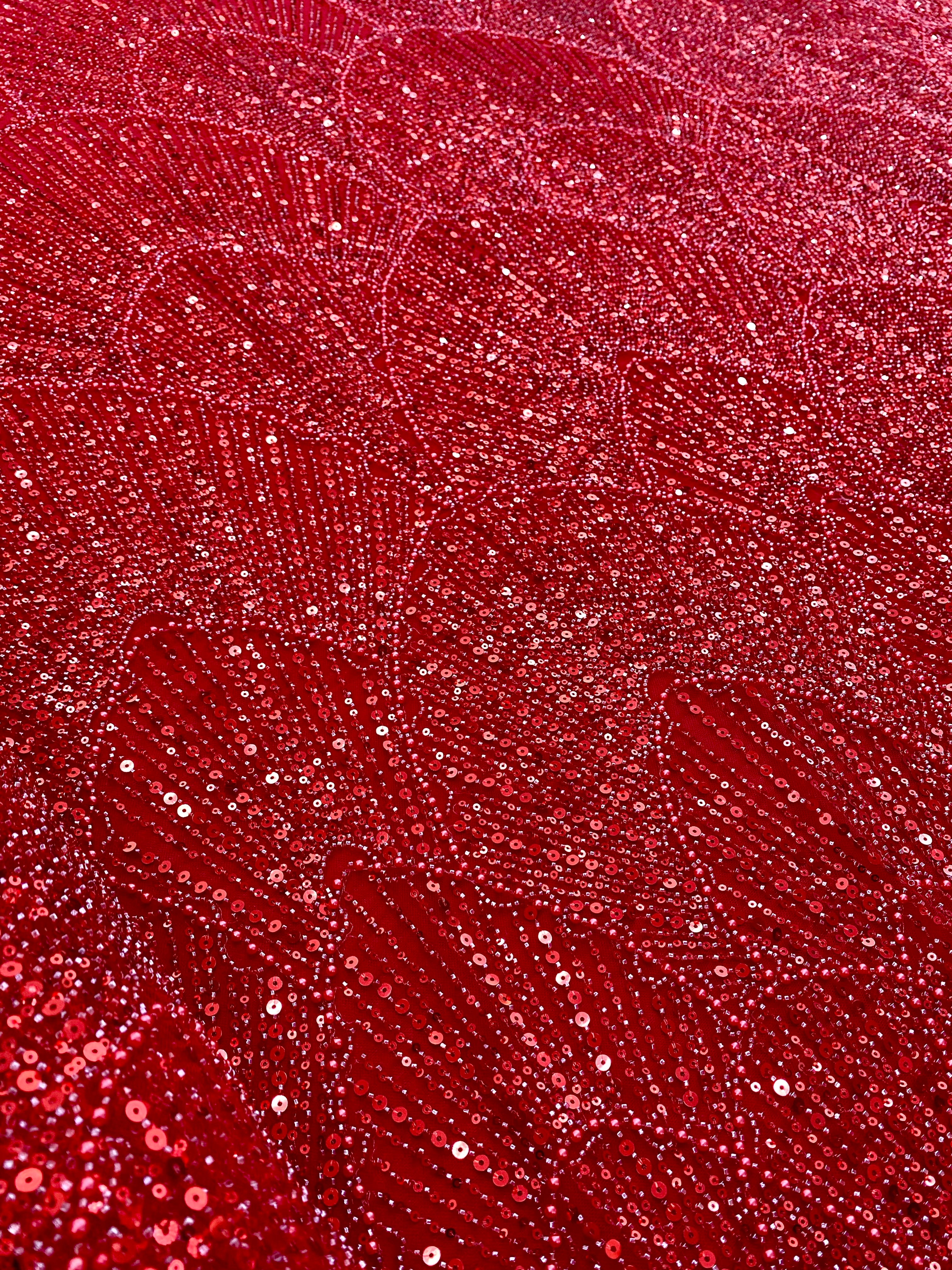 Dantela Couture Rosie cu Model Geometric, cu Perle, Margele si Paiete