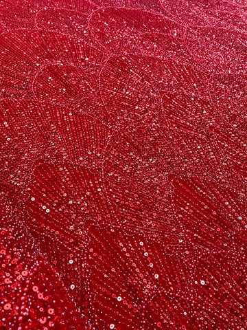 Dantela Couture Rosie cu Model Geometric, cu Perle, Margele si Paiete