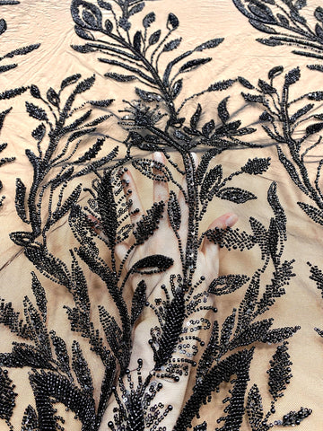 Dantela Couture Neagra cu Model Floral, cu Perle, Margele si Paiete