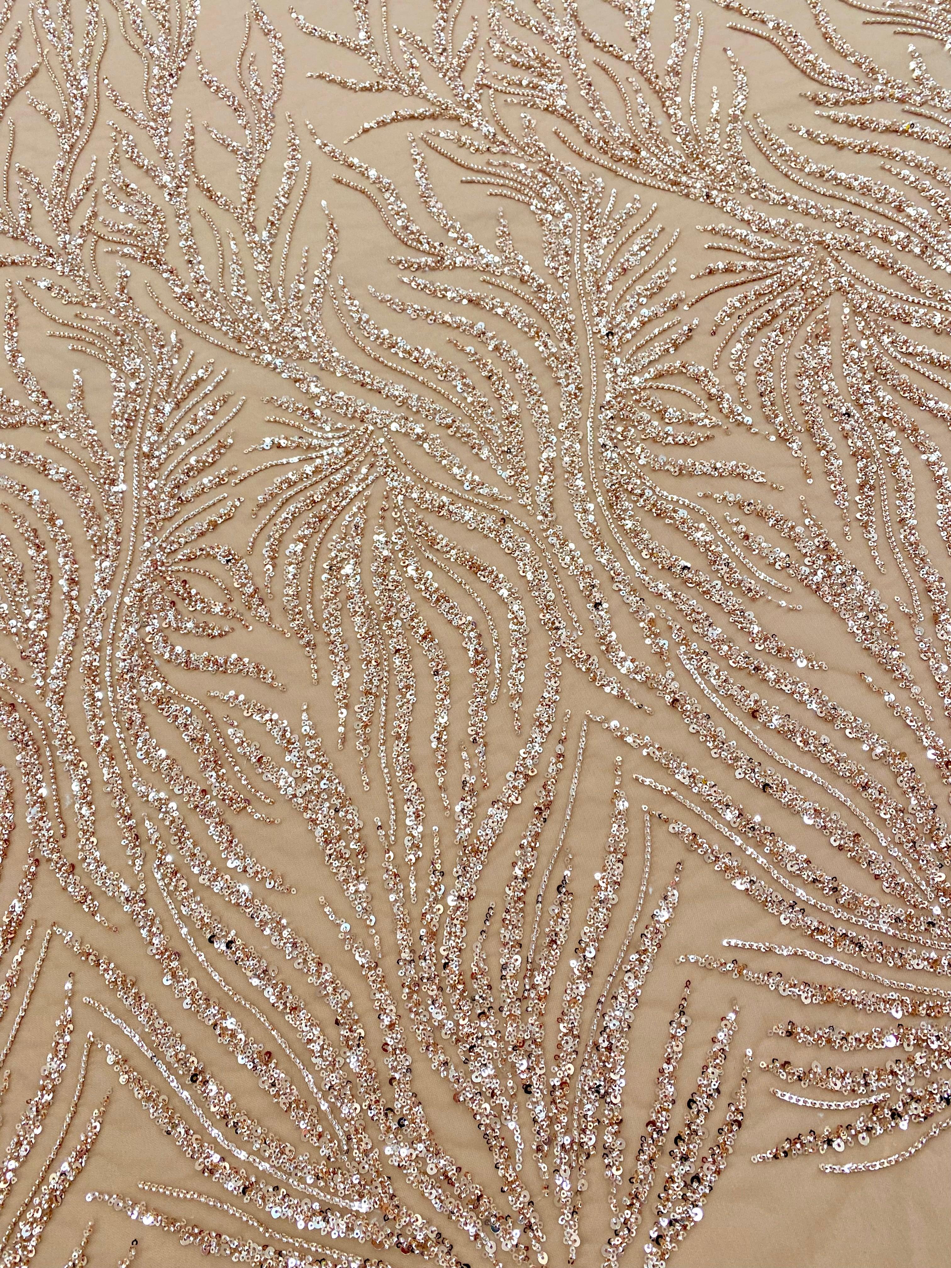 Dantela Couture Auriu Rose cu Siraguri, cu Margele si Paiete