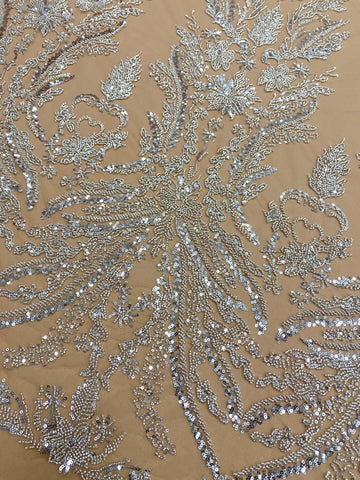 Dantela Couture Argintie pe Tulle Nude, cu Model Floral, cu Margele si Paiete