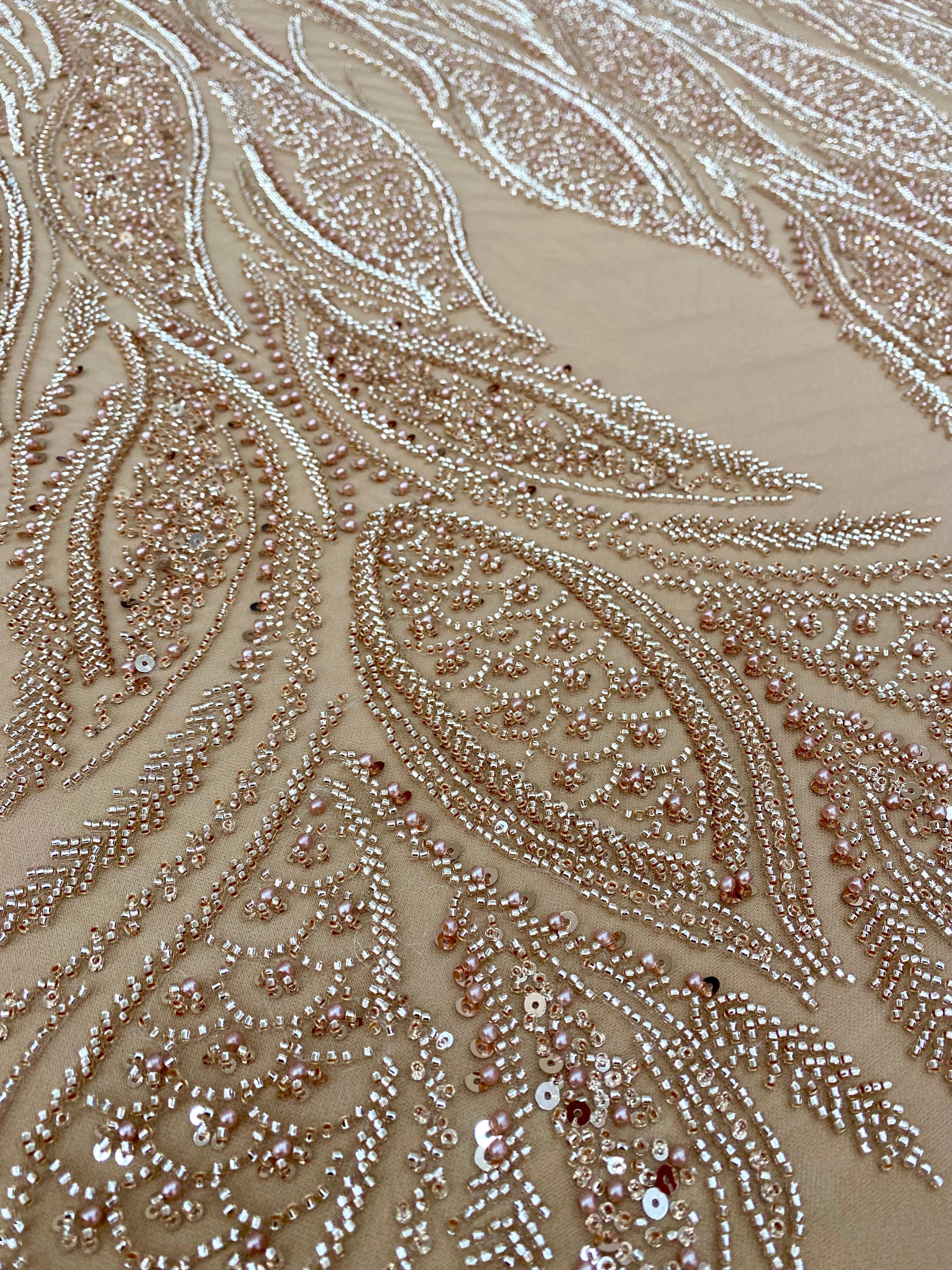 Dantela Couture Auriu Rose cu Panou, cu Perle, Margele si Paiete