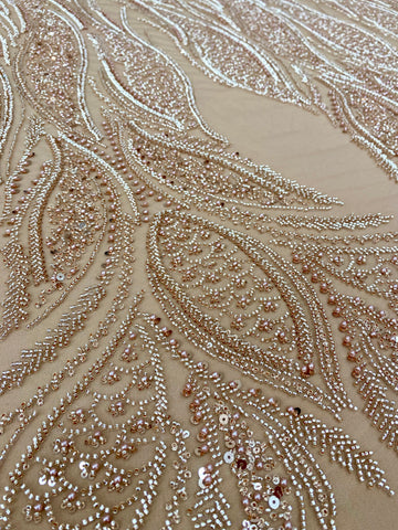 Dantela Couture Auriu Rose cu Panou, cu Perle, Margele si Paiete