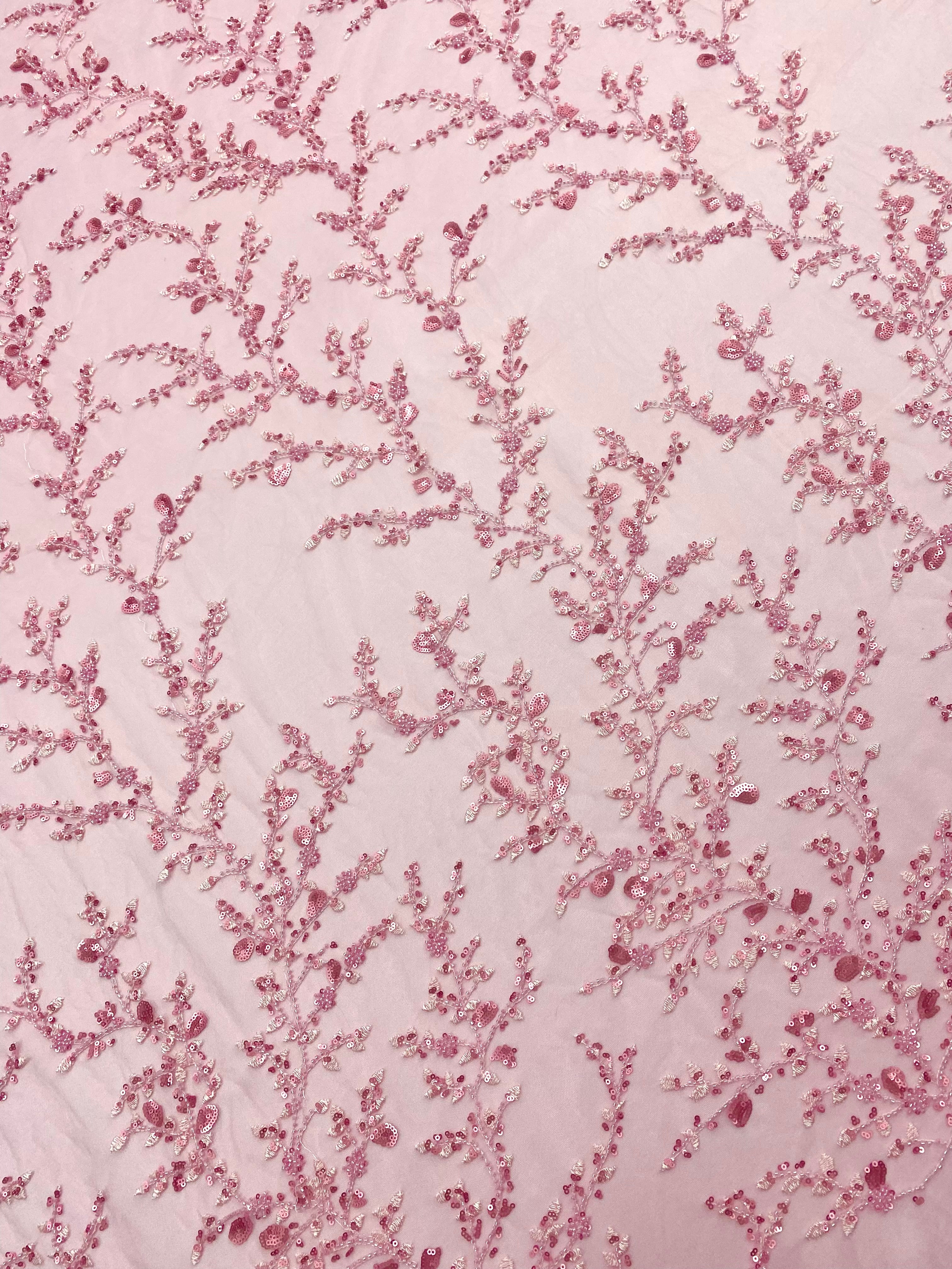 Dantela Couture Roz cu Model Floral, cu Margele si Paiete