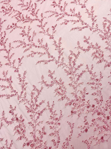 Dantela Couture Roz cu Model Floral, cu Margele si Paiete