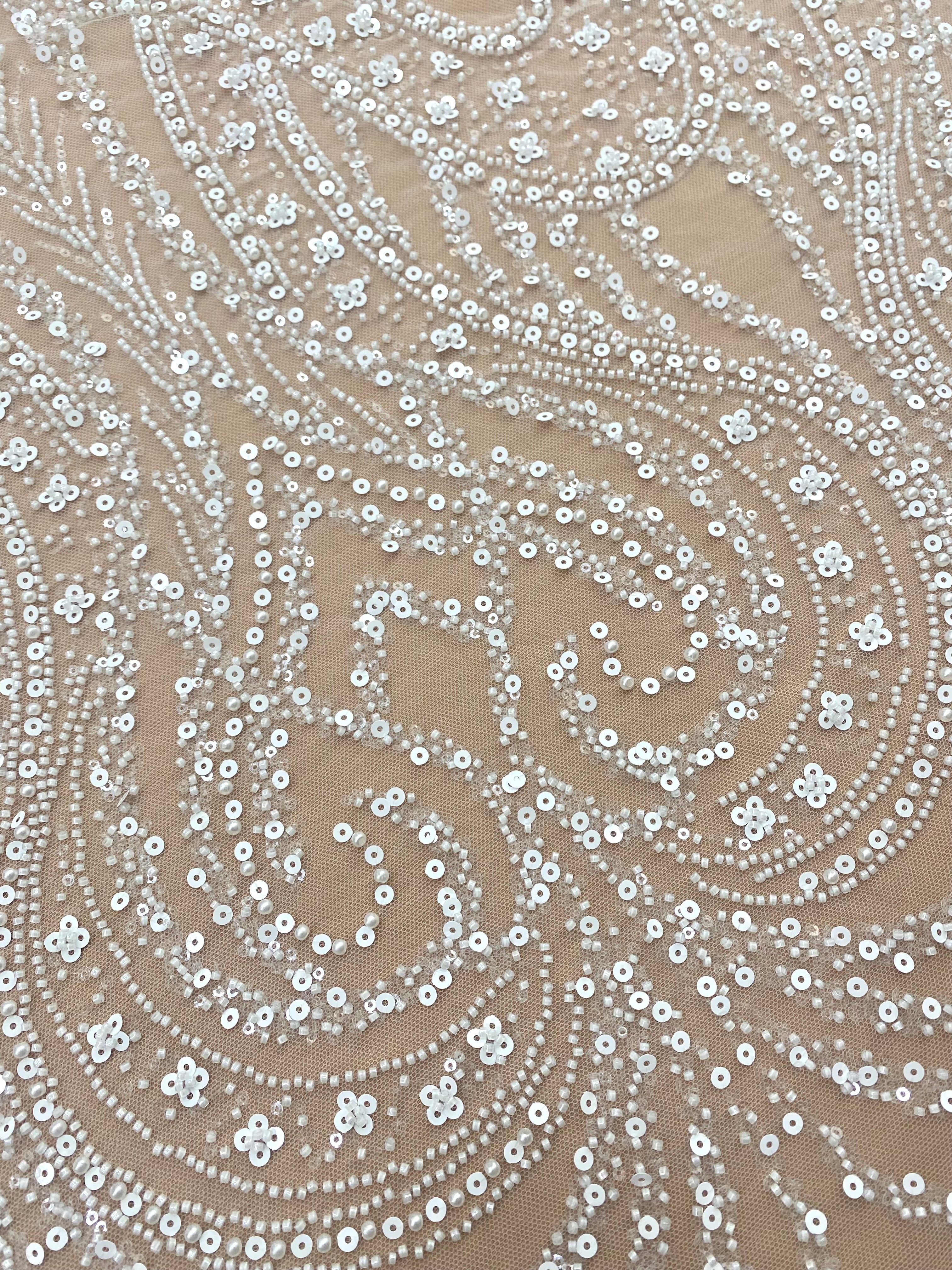 Dantela Couture Ivory cu Model Geometric, cu Perle, Margele si Paiete