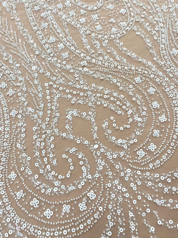 Dantela Couture Ivory cu Model Geometric, cu Perle, Margele si Paiete