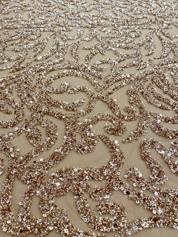 Dantela Couture Auriu Rose cu Model Geometric, cu Margele si Paiete