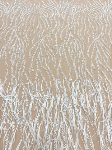 Dantela Couture Ivory cu Pene de Strut, cu Siraguri, cu Margele si Paiete