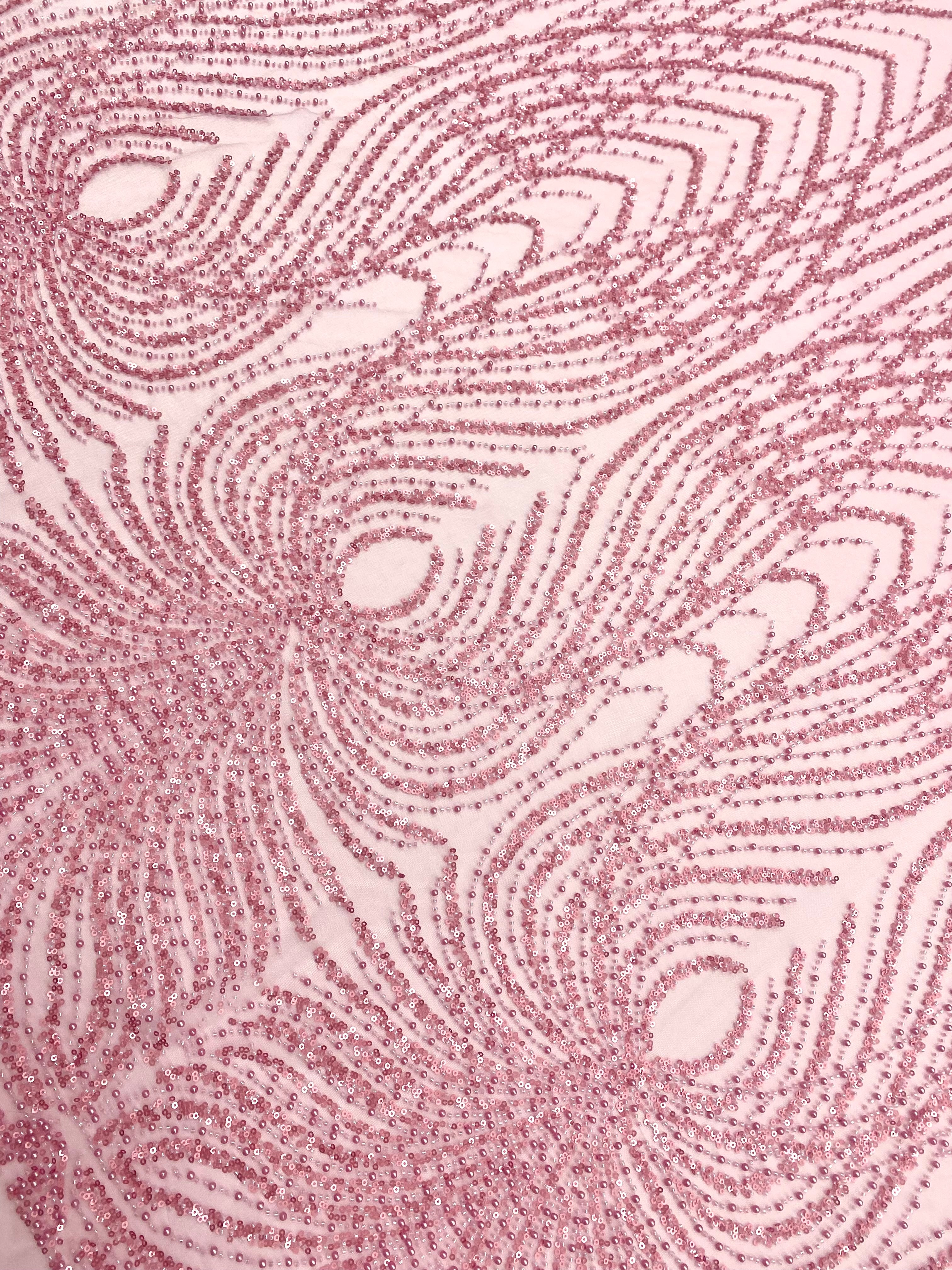 Dantela Couture Roz cu Panou, cu Perle, Margele si Paiete