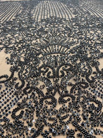 Dantela Couture Neagra cu Model Geometric, cu Perle, Margele si Paiete