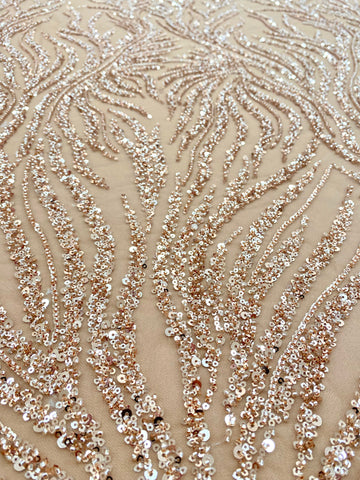 Dantela Couture Auriu Rose cu Siraguri, cu Margele si Paiete
