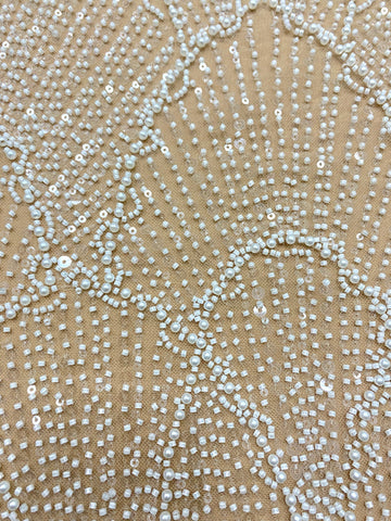 Dantela Couture Ivory cu Tulle Nude cu Model Geometric, cu Perle, Margele si Paiete