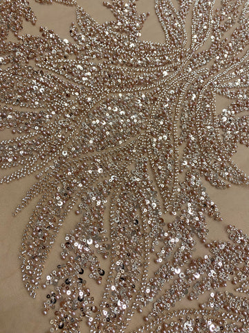 Dantela Couture Auriu Rose cu Panou, cu Perle, Margele si Paiete