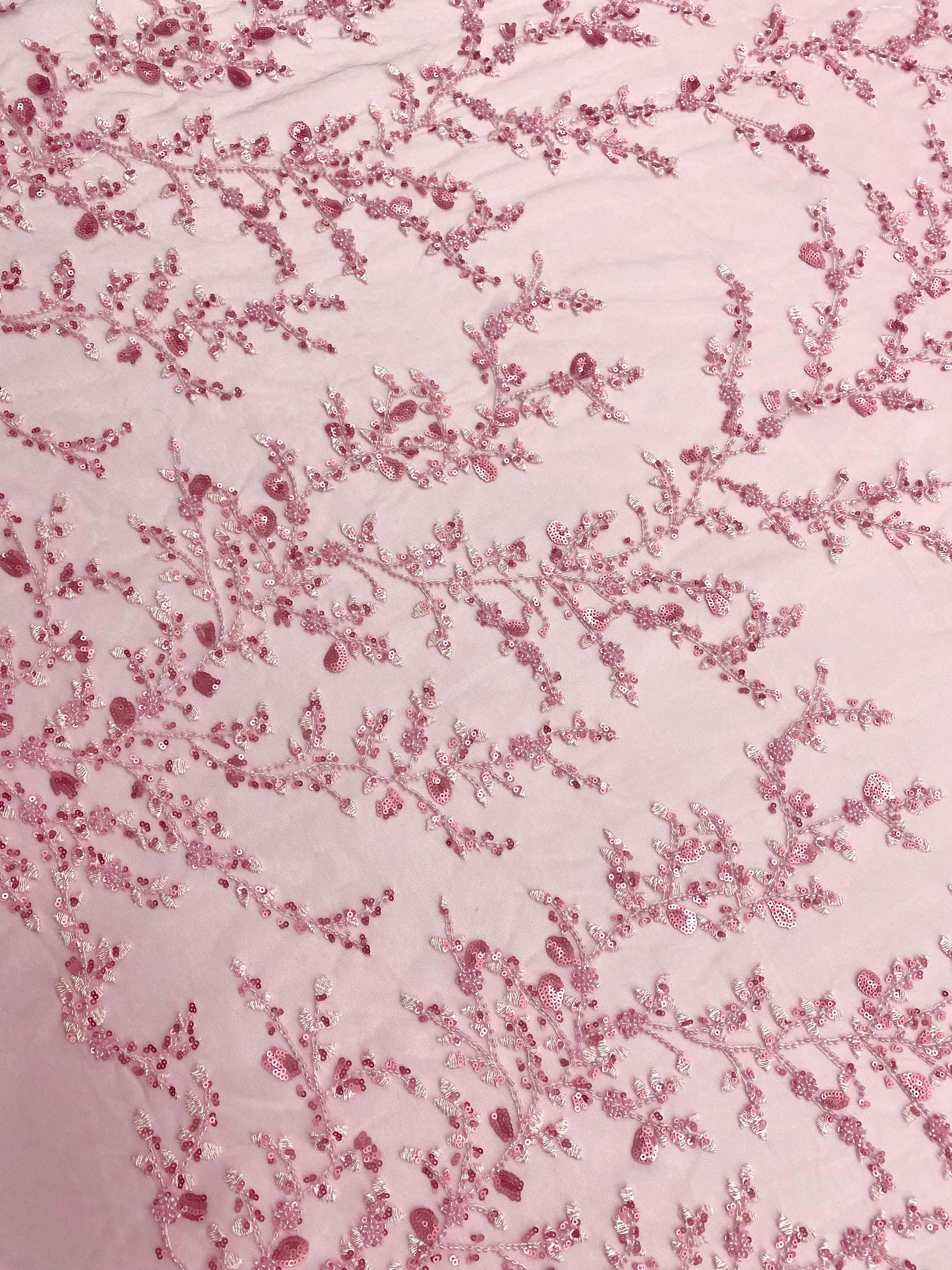 Dantela Couture Roz cu Model Floral, cu Margele si Paiete
