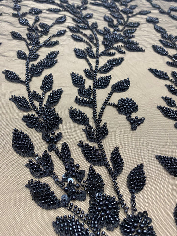 Dantela Couture Neagra cu Model Floral, Perle, Margele si Paiete
