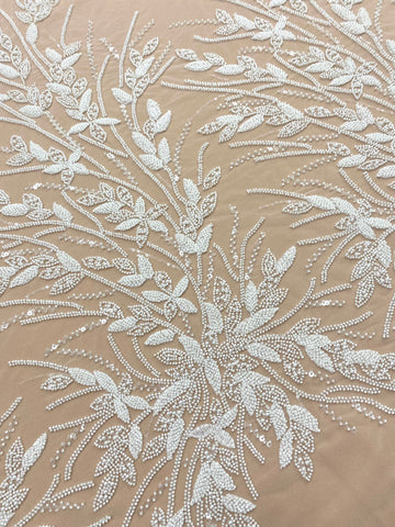 Dantela Couture Ivory cu Model Floral, Perle, Margele si Paiete