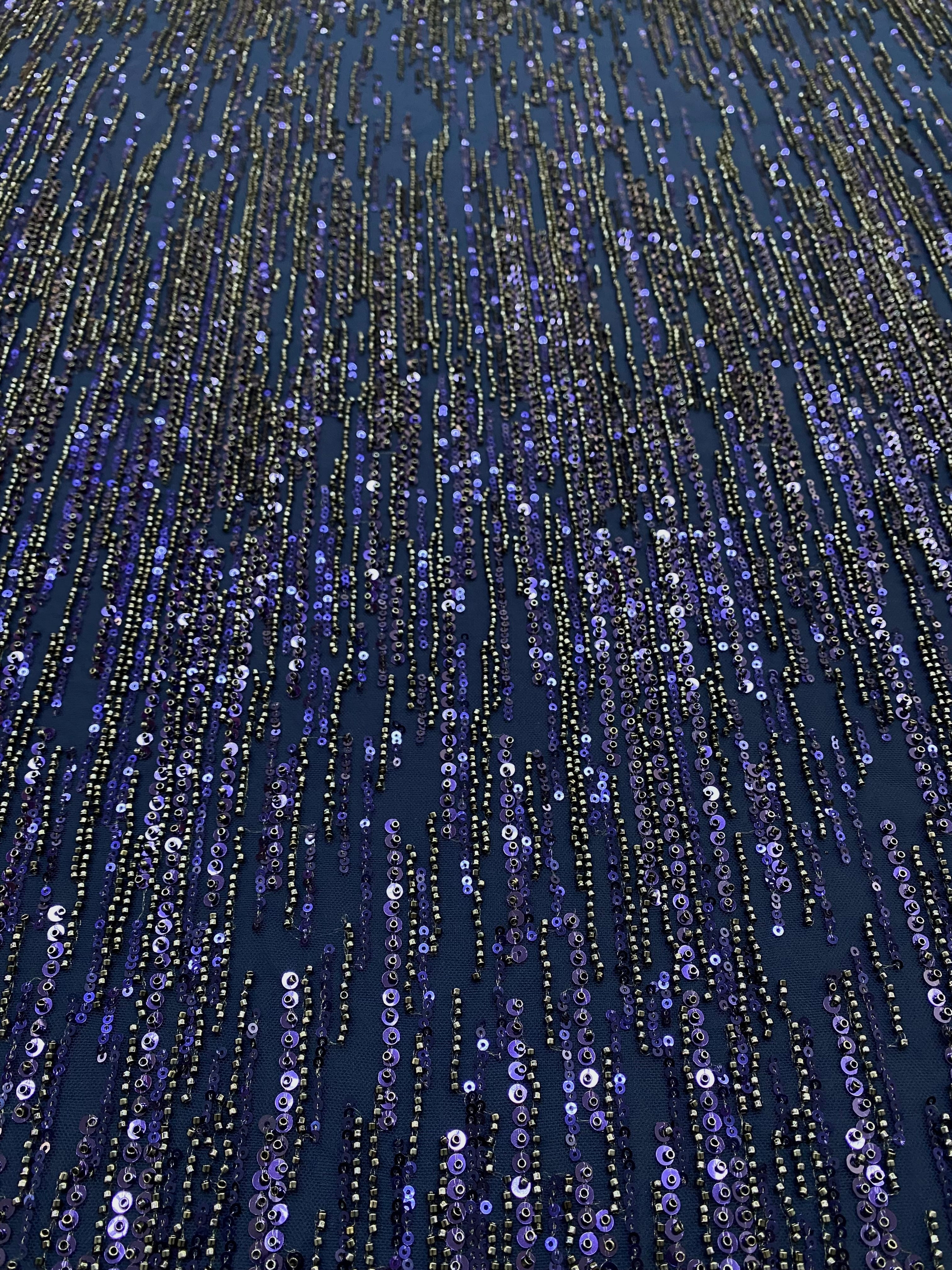 Dantela Couture Bleumarin cu Model Liniar, cu Margele si Paiete