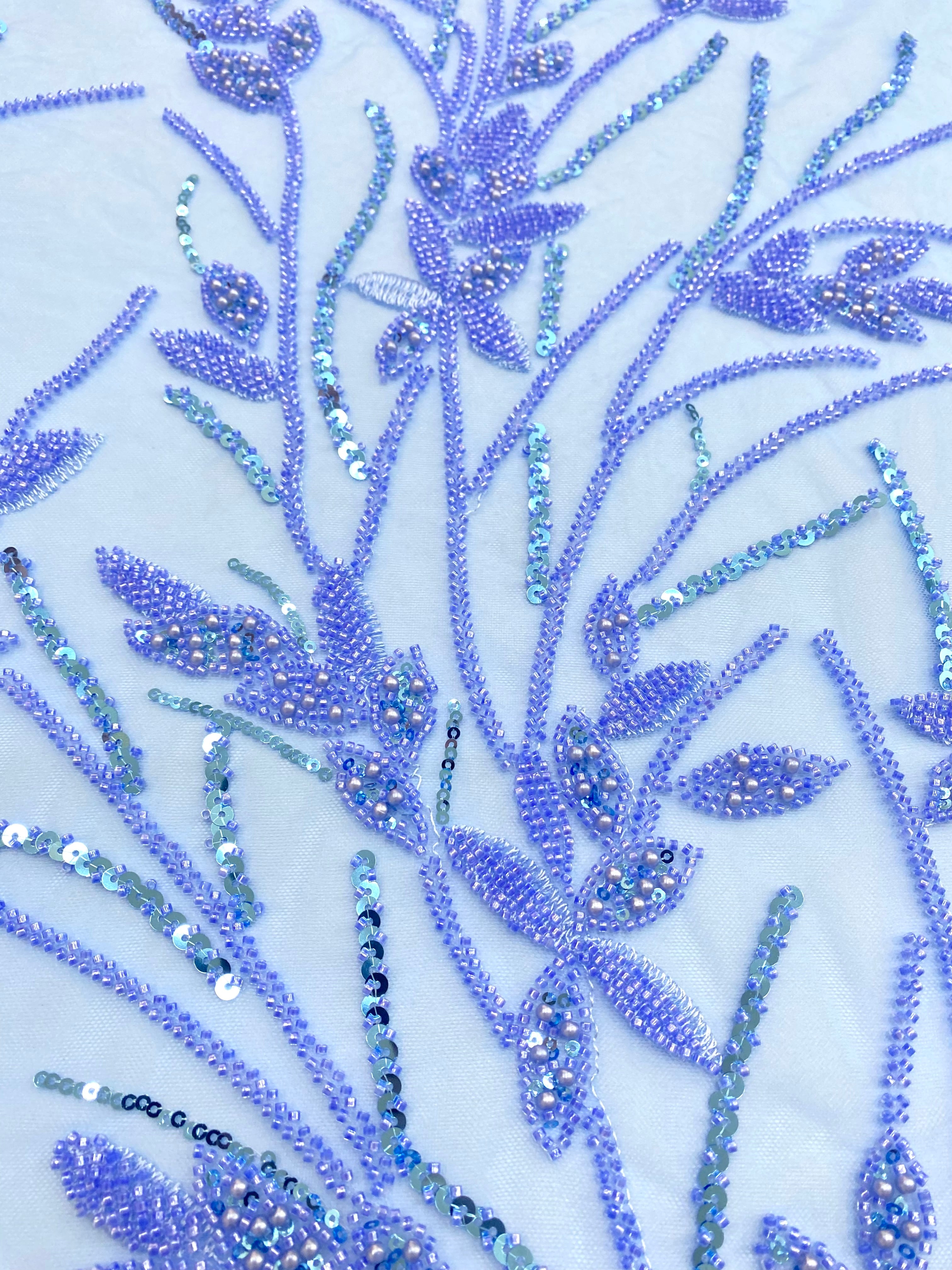Dantela Couture Sky Blue cu Model Floral, Perle, Margele si Paiete