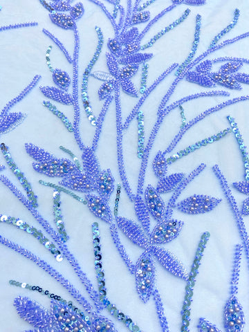 Dantela Couture Sky Blue cu Model Floral, Perle, Margele si Paiete