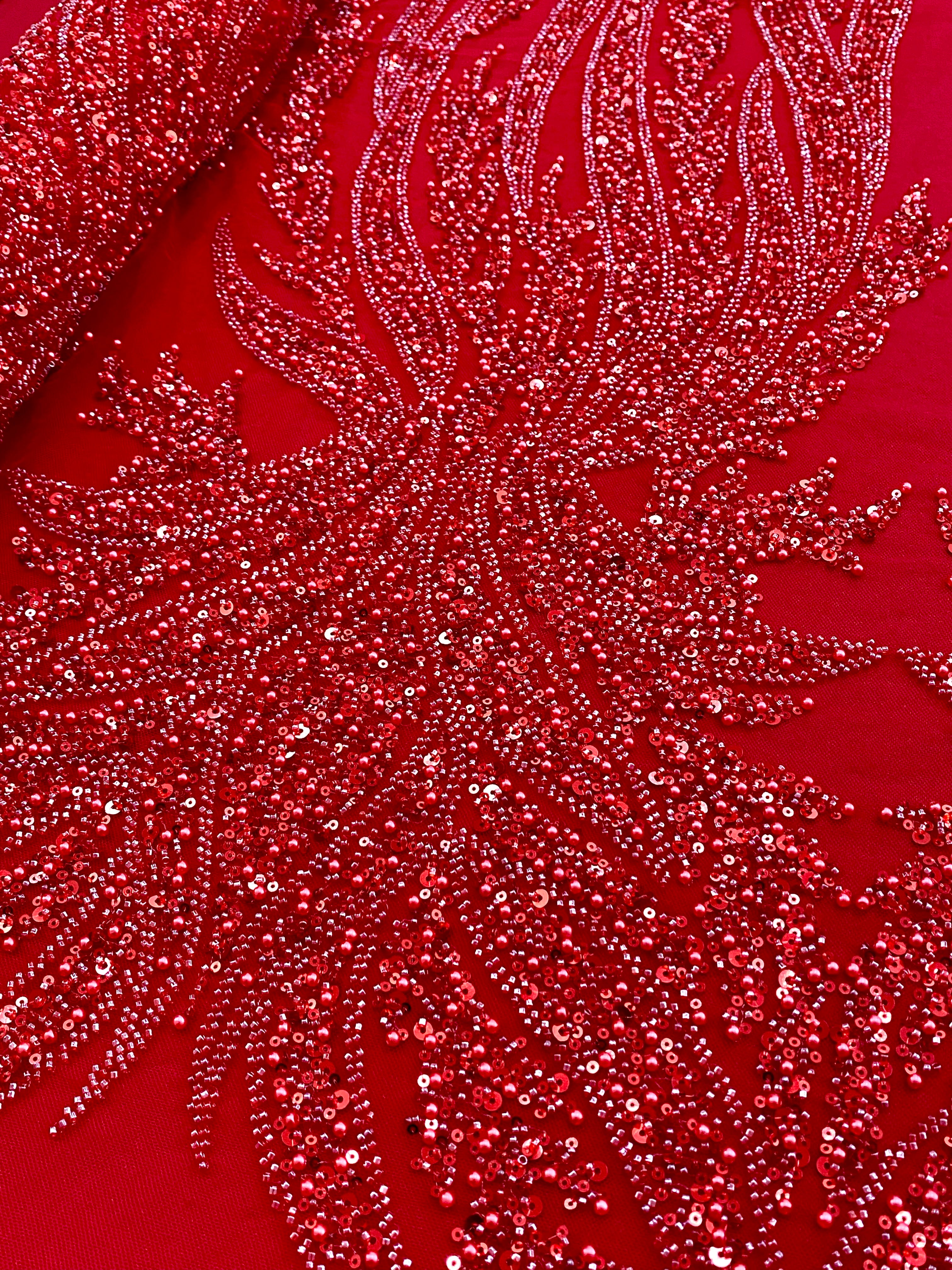 Dantela Couture Rosie cu Panou, cu Perle, Margele si Paiete