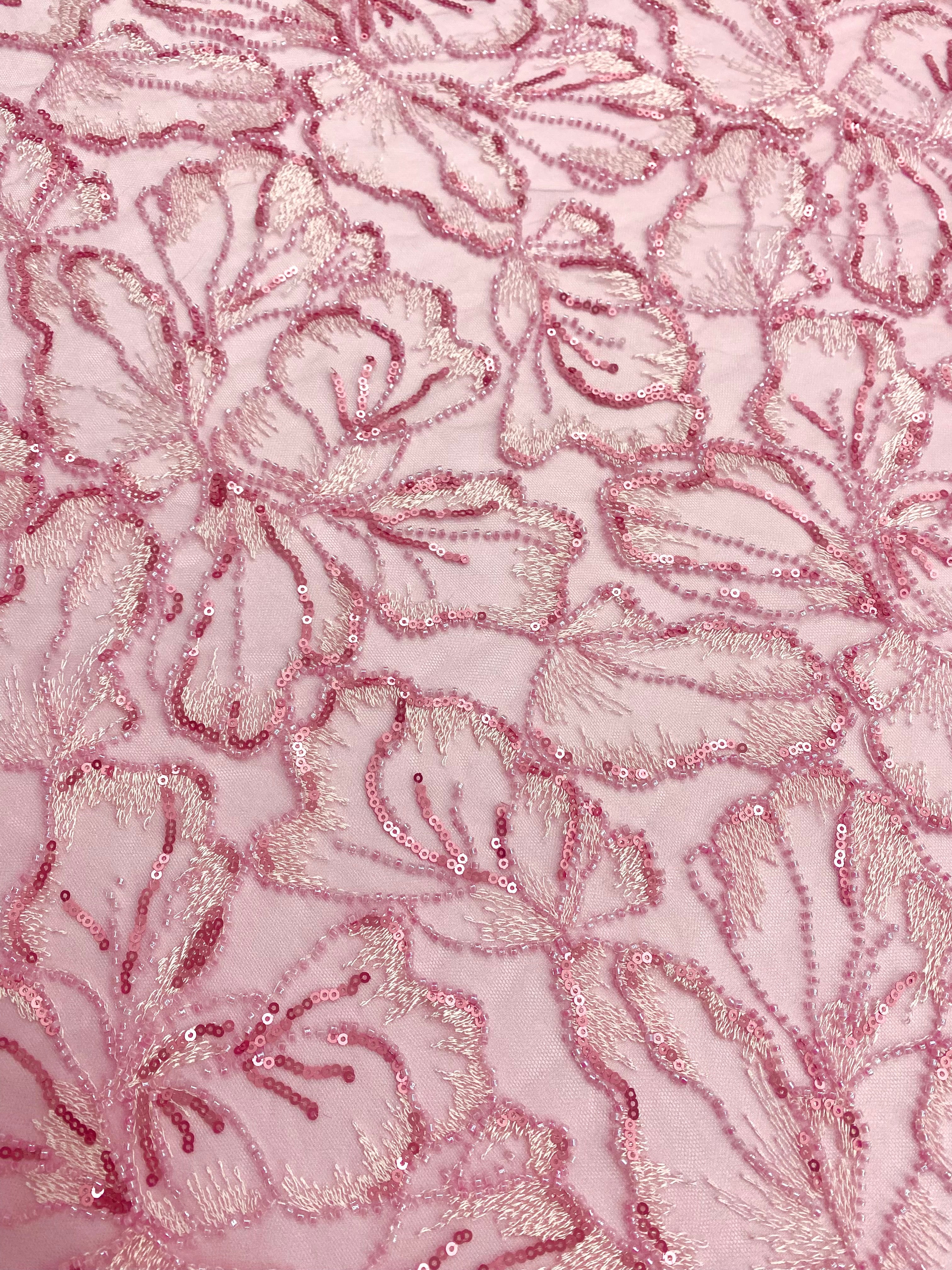 Dantela Couture Roz cu Model Floral, cu Margele si Paiete