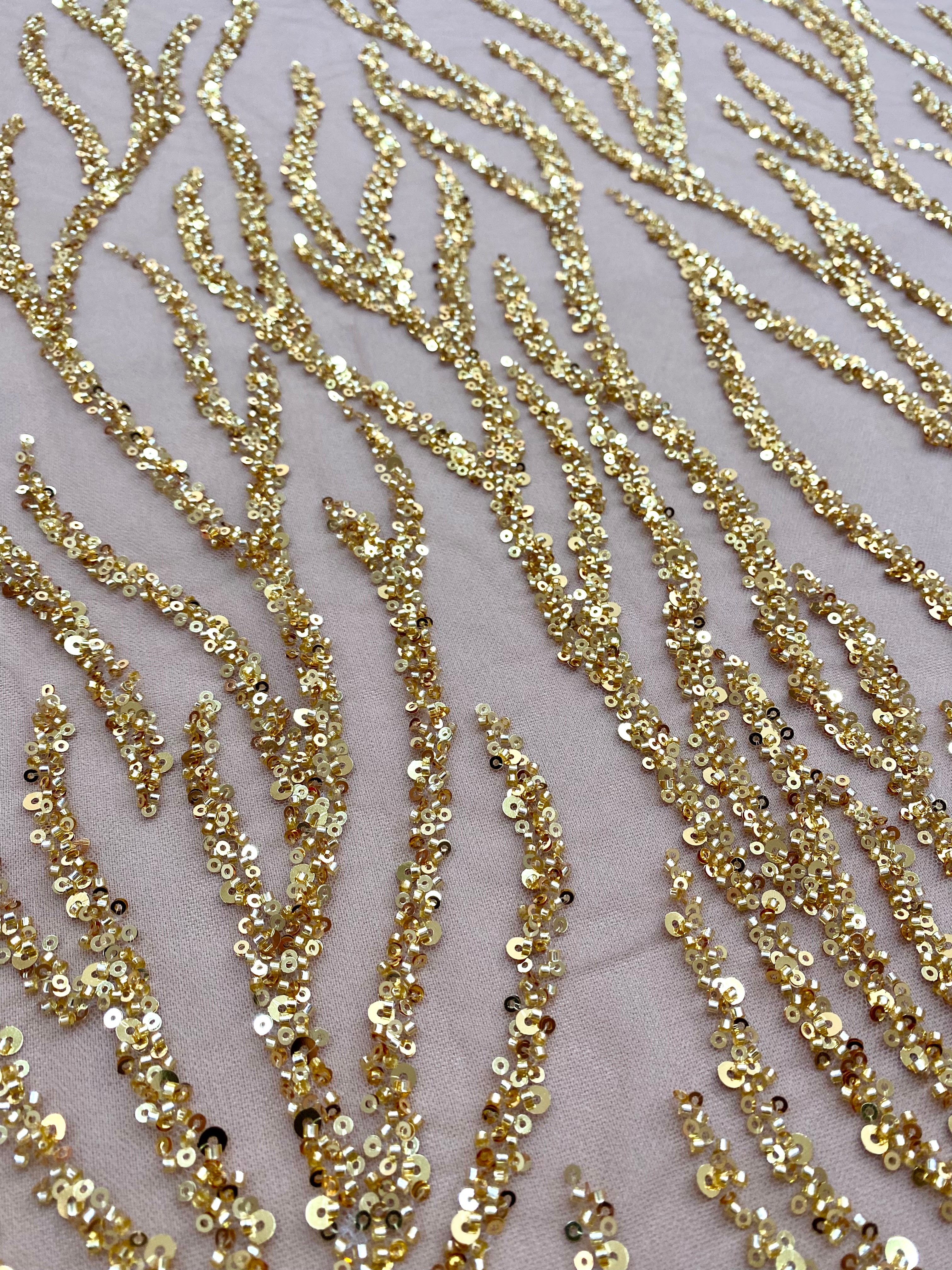 Dantela Couture Aurie cu Siraguri, cu Margele si Paiete