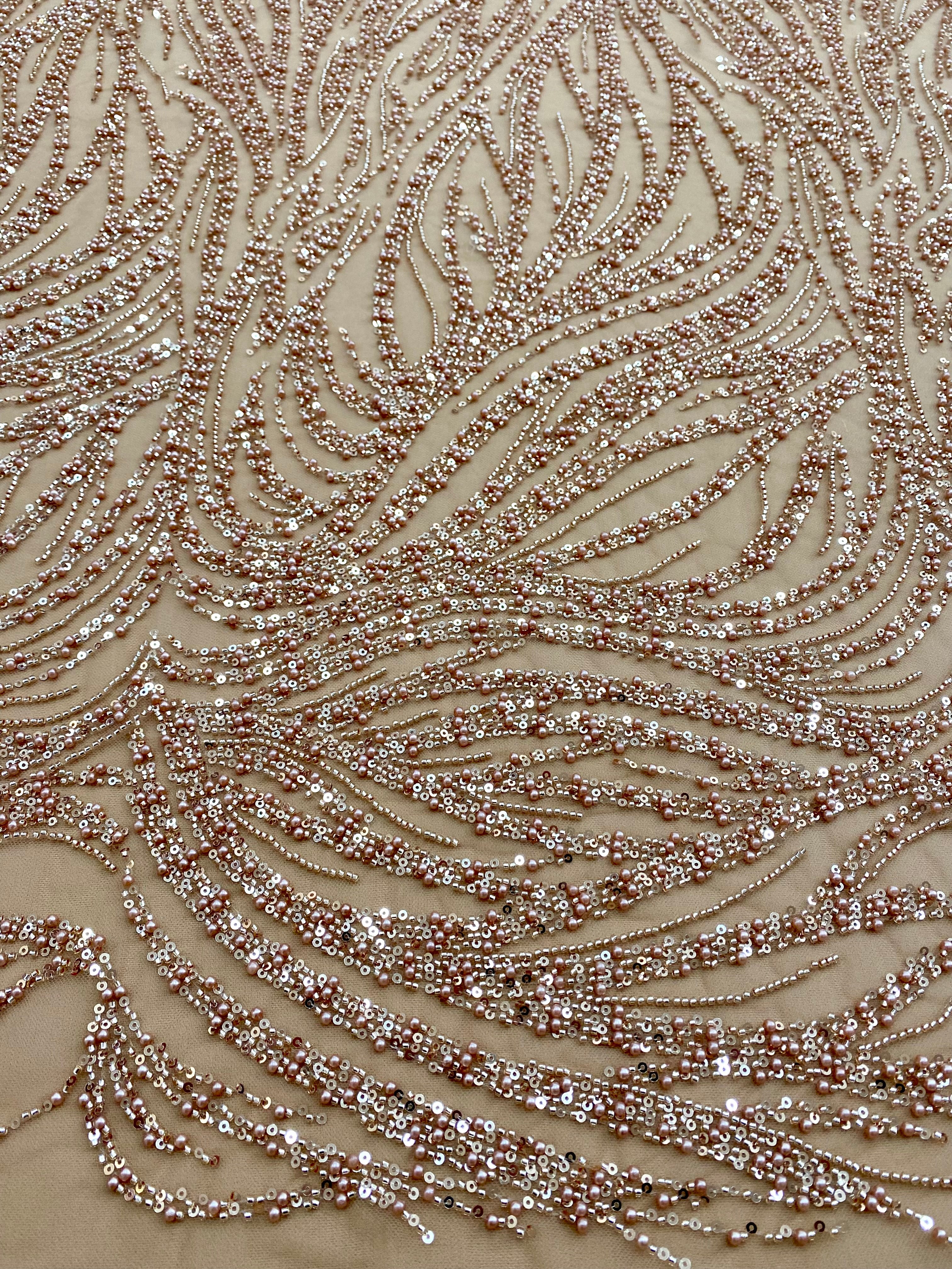 Dantela Couture Auriu Rose cu Model Liniar, cu Margele si Paiete